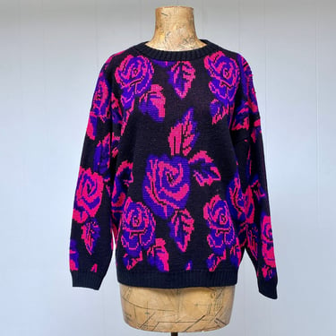 Vintage 1980s Slouchy Dark Floral Sweater, Black w/ Pink and Purple Metallic Roses Pullover, New Wave Acrylic Novelty Knit, 44
