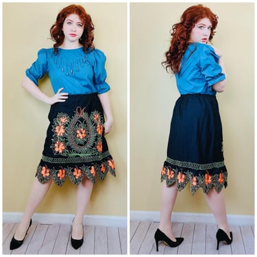 1990s Vintage Applique Poppy Skirt / 90s High Waisted Elastic Scalloped Embroidered Skirt / One Size 