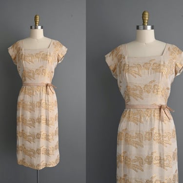 1950s vintage dress | Shimmery Gold Floral Dress | Large | 