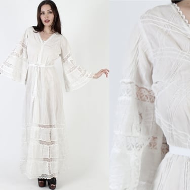 White Mexican Wedding Dress / South American Crochet Lace Dress / Vintage Ethnic Bell Sleeve Dress / Pintuck Cotton Angel Maxi Dress 