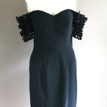 1980s Strapless Cocktail Dress with Sweetheart Neckline- Black Sequin Wiggle- Size Small- 4 