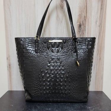 Brahmin Large Black Leather Tote - Croc Print Handbag 