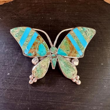 TURQUOISE BUTTERFLY PIN Sterling Silver Brooch | Angus Ahiyite Zuni Multi Color Inlay Pendant | Navajo Made | Native American Southwestern 