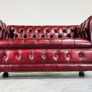 Oxblood Chesterfield Tufted Leather Love Seat Sofa - Great Britain Circa 1970 