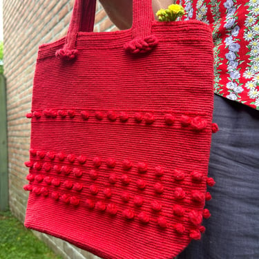 50s Arrowcraft Cherry Red Cotton Hand Woven Purse Vintage Tote 