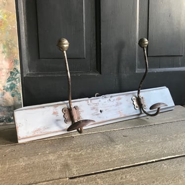 Antique Coat Hook Rack, Wood Metal Iron, Painted Grey, Hats, Hallway Rack 