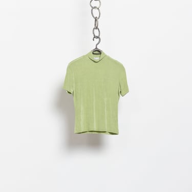 GREEN SLINKY MOCKNECK Vintage Mock Neck Short Sleeves Apple Stretchy Shimmery / Large 