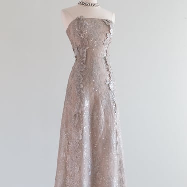 Gorgeous Vintage Silver French Lace Silk Sequin Evening Gown / Medium
