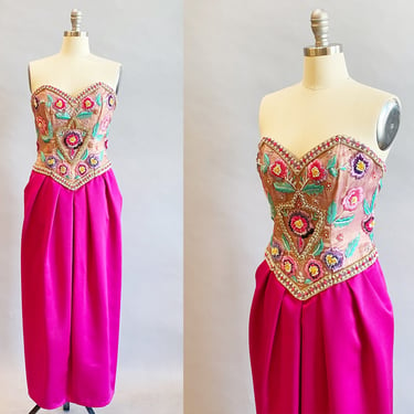 1980s Victor Costa Gown / Pink Strapless Dress / 1980s Hot Pink Party Dress / 1980s Formal Dress / Size Medium 