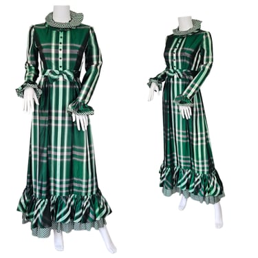 Lorrie Deb 1970's Green Plaid Taffeta Long Maxi Dress I Sz Sm I Victorian Inspired I My Fair Lady 