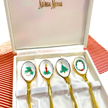 VINTAGE: Neiman Marcus Gold Plated Christmas Spoon Set of 4 In Original Box - Holiday Decor - SKU 25-B-00035130 