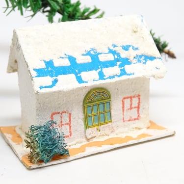 Antique Glittered House with Loofa Sponge Bush for Christmas Putz or Nativity, Vintage Cardboard Toy 
