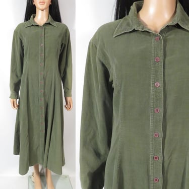 Vintage 90s Olive Green Corduroy Button Front Maxi Dress Size M/L 