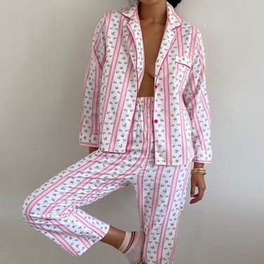 70s flannel matching set / vintage white + pink rose flannel lounge pajama matching pant suit set deadstock | Medium 