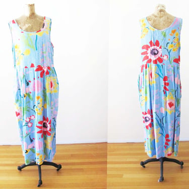90s Jams World Womens Maxi Dress L - Vintage 1990s Blue Floral Print Long Rayon Dress - Tropical Summer Bold Colorful Dress 