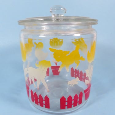 Mid Century Painted Easter Glass Cookie Jar -Red White Yellow Easter Animals Jar Canister 