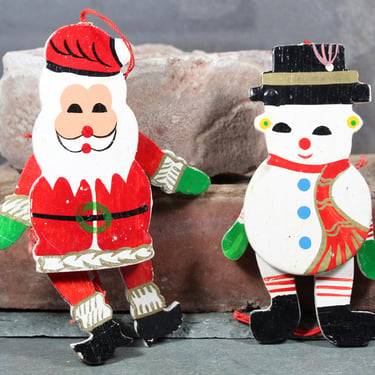 Pair of Vintage Wooden Puppet Ornaments | Santa and Snowman | Circa 1970s | Vintage Christmas Ornaments 