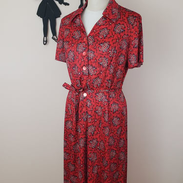 Vintage 1960's Paisley Print Dress / 70s Polyester Shirtwaist Day Dress XL 