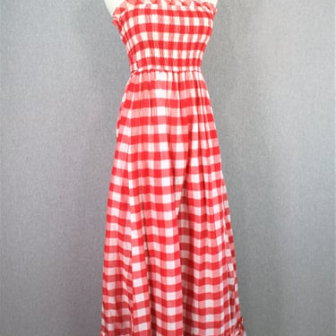 1970s - Red Gingham - Strapless - Maxi - by Jody of California - Estimated size XS 