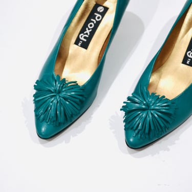80s 90s Vintage Teal pumps High Heel Shoes size 7 1/2 Teal Blue green High high heels Pumps with Flower pom poms 80s Buisness woman pumps 