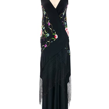 Floral Embroidered Fringed Piano Shawl Dress