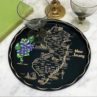 Vintage Serving Tray 1960s Retro Size 11" Diameter + Mid Century Modern + New Jersey + State Map + Black and Gold + Metal Frame + Round 