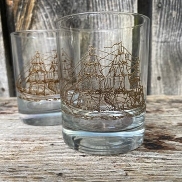 Tall Ships Cocktail Glasses -- Cocktail Glasses -- Vintage Ship Glassware -- Lowball Glasses -- Nautical Glasses -- Nautical Barware 