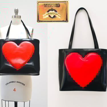 90s Vintage Moschino Bag Tote Black Leather Red Heart Moschino Purse Bag Black Leather 90s Love heart Fran Drescher Nanny Bag 