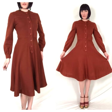 Vintage 1970s OSCAR de la RENTA Pumpkin Spice Latte Knit Fit and Flare Balloon Sleeve Dress - size Small Medium 