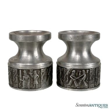 Mid-Century Norwegian Pewter Viking King Candlestick Holders - A Pair