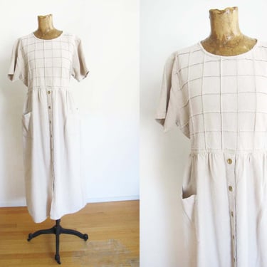 90s Beige Linen Maxi Dress S M - Vintage 1990s Neutral Long Linen Sundress - Minimalist Coastal Grandmother Style - Natural Fiber 