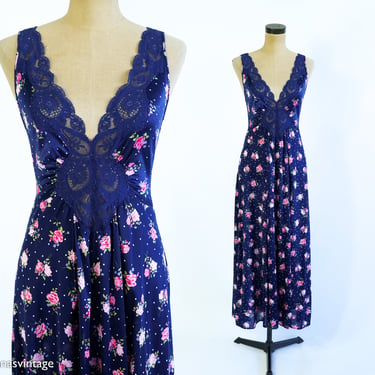 1970s Navy Blue Floral Nightgown | 70s Navy Floral Print Nightgown Slip | Olga | Small 