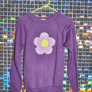 Vintage Purple Raglan Sweatshirt, tufted flower, handmade gift, handcrafted 