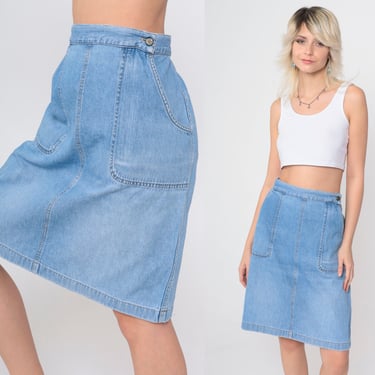 90s Jean Skirt Denim Patch Pocket Skirt Knee Length Skirt 1990s High Waisted Straight Skirt Mini Retro Vintage Blue Large 14 