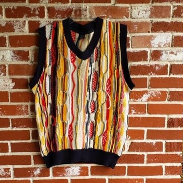 Vintage 80s/90s V-Neck Sweater Vest / 3D Coogi Style /Biggie /Hip Hop / Wearable Art 
