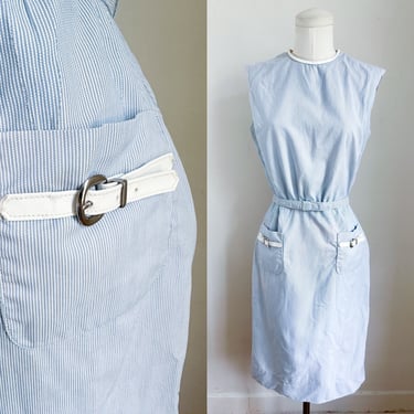 Vintage 1960s Blue Striped Belted Dress / XS 