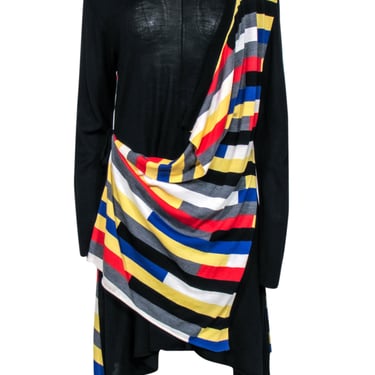 Sonia Rykiel - Black Wool Faux Wrap Dress w/ Striped Overlay Sz L