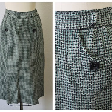 1940s Skirt / Vintage 1940s Black Teal Green Tweed Speckled front pockets pencil wiggle skirt   // Modern Size US 0 2 xs 