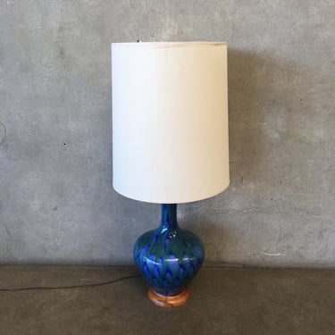 Vintage Mid Century Blue / Green Glazed Ceramic Lamp with Original Shade