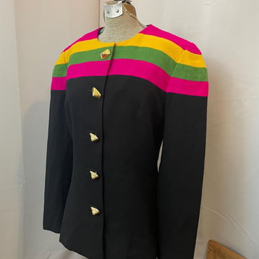 1980s Color Block Streetwear Jacket Suit Coat Blazer Black and Neon Stripe M 