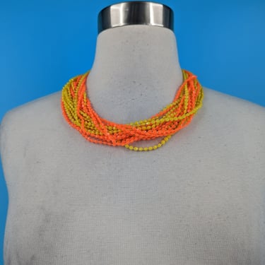 Vintage 60s Bright Orange and Yellow Multi-strand Plastic Beaded Necklace 