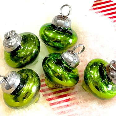 VINTAGE: 5pc Small Thick Mercury Green Glass Ornaments - Mid Weight Kugel Style Ornaments - Unique Find - SKU 2-B6-00034819 