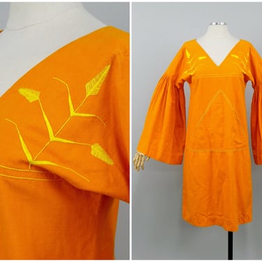 Vintage 1970s Orange Josefa Mini Dress with Bell Sleeves, 70s Embroidered Josefa Diseños, Vibrant Mexican Dress, Folk Style, Size X-Small by Mo