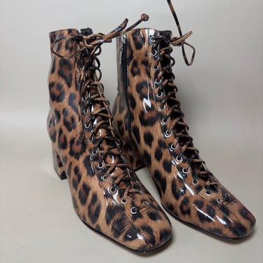 Vintage Schutz Ankle Boots Women's Size 8 Leopard Print Patent Leather Lace Up | short booties | 60s Vintage Boots | Gifts For Her 