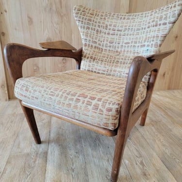 Mid Century Modern Iconic Adrian Pearsall Walnut Framed Paddle Armrest Flared Wingback Lounge Chair