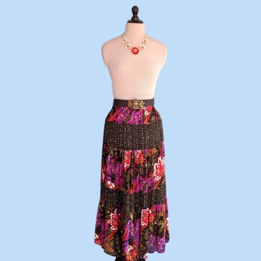 Vintage 90s Floral Boho Maxi Skirt, Vintage 1990s Tiered Peasant Skirt 