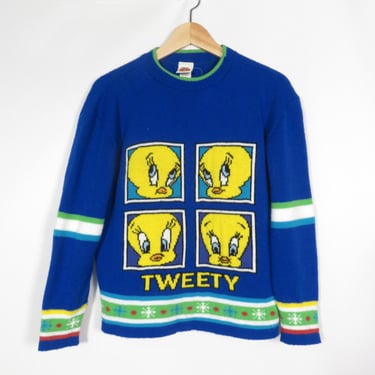 Vintage 90s Tweety Looney Tunes Winter Snowflake Motif Knit Sweater Made In USA Size Youth M OR Womens S/XS 
