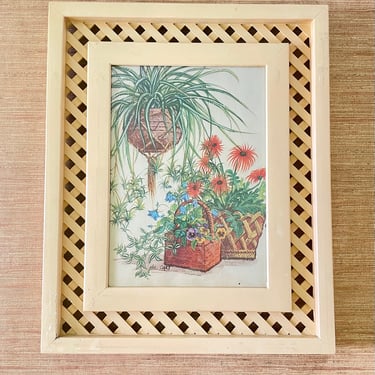 Vintage Art - Nel Cary Framed Art - Spider Plant and Flowering Plants in Baskets - Butter Yellow Lattice Wood Frame - Cottage Style Art 