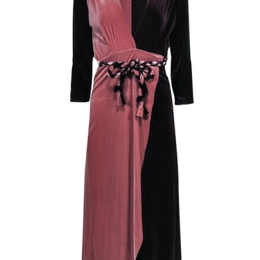 MISA Los Angeles - Burgundy &amp; Blush Velvet Wrap Dress w/ Braided Tie Sz M