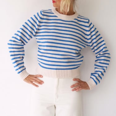 Vintage French Stripes Blue And White Knitted Sweater | Round Neck Striped Long Sleeve Sweater | Perfect Sailor Mariniere | Breton Sweater 